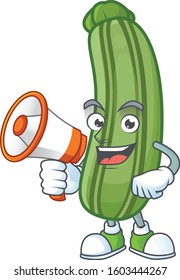 Smiling cartoon character of zucchini with megaphone