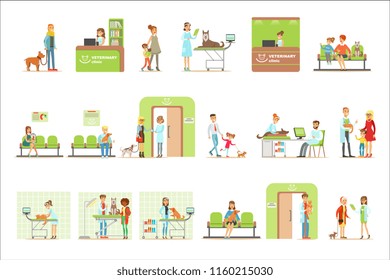 Smiling Cartoon Characters Bringing Their Pets For Vet Examination In Veterinary Clinic Collection Of Illustrations