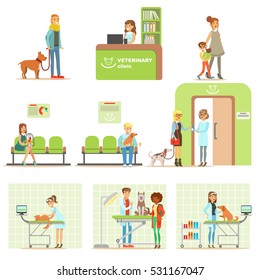 Smiling Cartoon Characters Bringing Their Pets For Vet Examination In Veterinary Clinic Set Of Illustrations