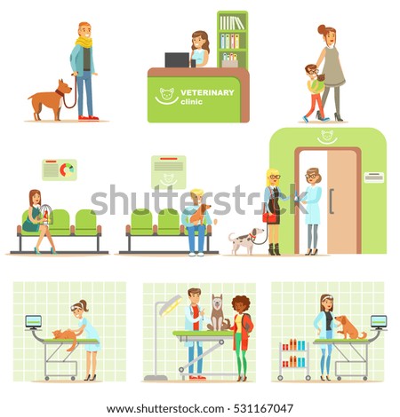 Smiling Cartoon Characters Bringing Their Pets For Vet Examination In Veterinary Clinic Set Of Illustrations