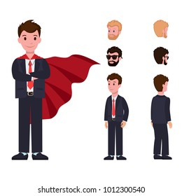 Smiling cartoon characters in classic suit, with red cape, man constructor with different hairstyles front and back view vector illustration isolated