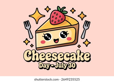 Fatia de cheesecake de desenho animado com texto em negrito e cobertura de cereja para celebração nacional do dia do cheesecake