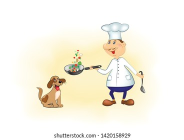 smiling cartoon chef and happy dog on a yellow background horizontal vector illustration