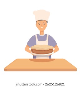 Smiling cartoon chef in a white hat holds a freshly baked pie on a table