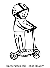 Smiling cartoon child riding a scooter doodle cartoon hand-drawn.