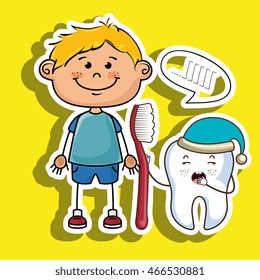smiling cartoon child wearing coloured clothes holding a toothbrush next to a cartoon sleepy tooth with a hat and a text cloud above it over a colored background vector illustration