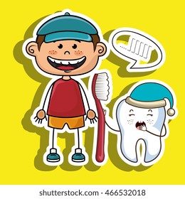 smiling cartoon child wearing coloured clothes holding a toothbrush next to a cartoon sleepy tooth with a hat and a text cloud above it over a colored background vector illustration