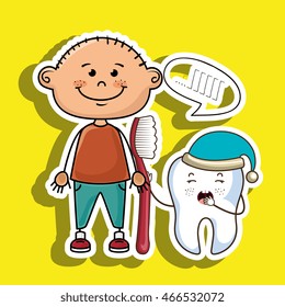 smiling cartoon child wearing coloured clothes holding a toothbrush next to a cartoon sleepy tooth with a hat and a text cloud above it over a colored background vector illustration