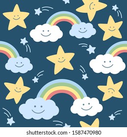 Smiling cartoon clouds, stars and rainbow on dark blue background with tiny comets. Cute nursery seamless pattern for baby design.