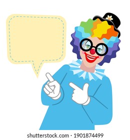 Smiling cartoon clown with a blank speech bubble. Vector icon for design birthday party, poster, banner, card, web