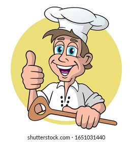 smiling cartoon cook, chef's hat on his head, a wooden spoon in the left hand, right hand thumb up