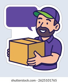 Carrinho de desenho animado sorrindo entregando uma caixa - personagem homem de entrega amigável em uniforme roxo com balão de fala.