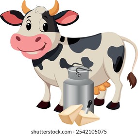 Smiling cartoon cow standing next to milk can and cheese wedges