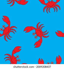 Smiling cartoon crab with big claws seamless pattern vector illustration.