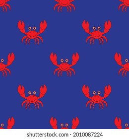 Smiling cartoon crab with big claws seamless pattern vector illustration.