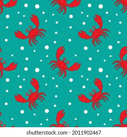 Smiling cartoon crab with big claws seamless pattern vector illustration.