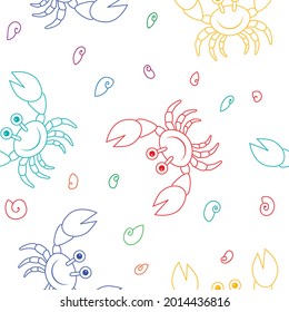 Smiling cartoon crab with big claws seamless pattern vector illustration.