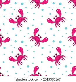 Smiling cartoon crab with big claws seamless pattern vector illustration.