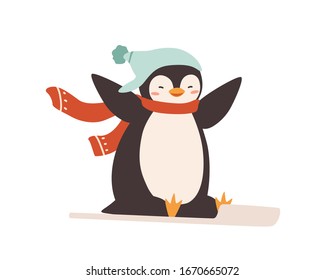 Smiling cartoon cute penguin in warm hat and scarf riding on sled vector flat illustration. Positive arctic animal wearing winter clothing enjoying outdoors activity isolated on white