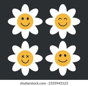 Smiling cartoon daisies, vector for fashion, card, sticker, wall art, poster prints, emoticon, emoji, positive vibes