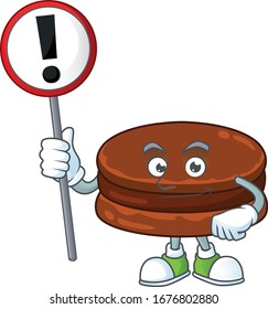 Smiling cartoon design of chocolate alfajor with a sign