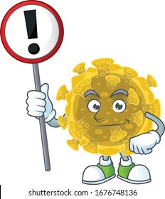 Smiling cartoon design of infectious coronavirus with a sign