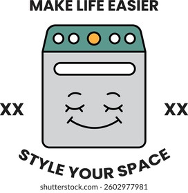 A smiling cartoon dishwasher with the words "Make Life Easier" on the side. The dishwasher is smiling and has a relaxed expression