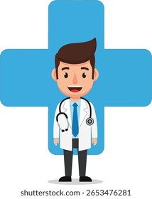 A smiling cartoon doctor stands in front of a blue cross, wearing a stethoscope and a white coat.