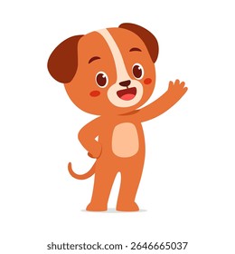Smiling Cartoon Dog Waving Hand, Happy Cute Pet Illustration with Brown and White Fur, Vector