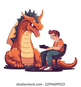 Smiling cartoon dragon sitting with boy icon isolated