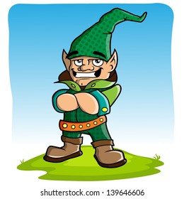 Smiling cartoon dwarf.