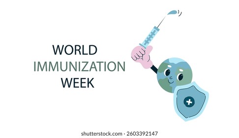 Smiling cartoon earth globe holding syringe and shield.  World immunization week, vaccination campaign benefit for public health protection concept.