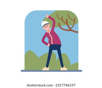 Smiling cartoon elderly man doing side bending exercise in street. Senior men having active lifestyle. Going to work. Cartoon characters of people on retirement. Happy old age. Vector