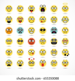 Smiling Cartoon Face Positive People Emotion. Icon Set Vector Illustration. 