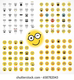 Smiling Cartoon Face Positive People Emotion. Icon Set Vector Illustration. 