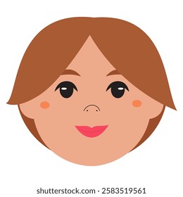 Smiling cartoon face of a woman with short brown hair.