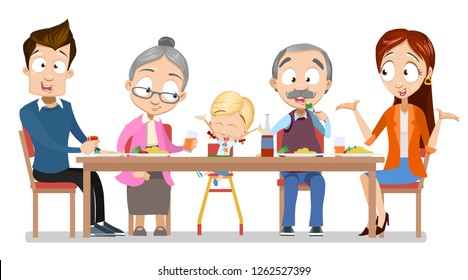 Smiling cartoon family having dinner together vector illustration. Cheerful wife husband and daughter sitting at table with grandparents. Children and parents. Happy family concept