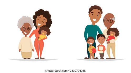 Smiling cartoon family members. Three generations - grandparents, parents and children of different age on isolated white background. Vector illustration for poster, greeting card, website, ad.