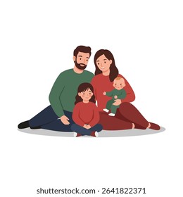 Smiling Cartoon Family Posing Together in Matching Clothes on White Background