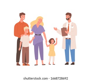 Smiling cartoon family visit therapist isolated on white background. Positive mother, father and two children meeting with medical adviser vector flat illustration. Colorful people at doctor office