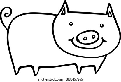 Smiling cartoon fat pig with short legs. Vector doodle for kids.