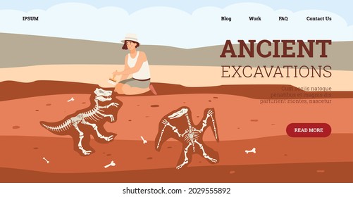 Smiling cartoon female archaeologist character at excavation looking for dinosaur bones of pterodactyl, tyrannosaurus, flat vector illustration. Archaeological expedition, scientific research