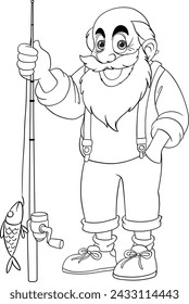 Smiling cartoon fisherman holding a fishing rod and fish.