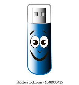 Smiling cartoon flash drive isolated on white background.
