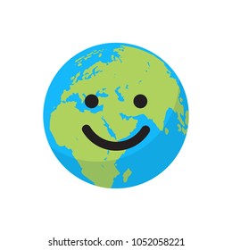 Smiling cartoon flat globe. Save the planet concept. Happy Earth day. Happy cute funny Earth emoji.  Web icon design. Vector illustration isolated on white background.