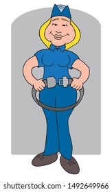 A smiling cartoon flight attendant is demonstrating the use of a seat belt