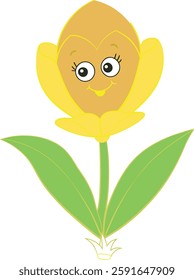 Smiling Cartoon Flower with Yellow Petals and Green Leaves.
