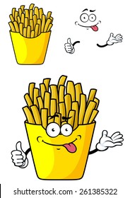 Smiling cartoon french fries with hands and face in paper cap