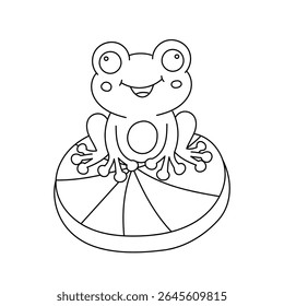 Smiling cartoon frog on lily pad coloring page. Cute hand-drawn frog illustration for kids nature and pond life designs