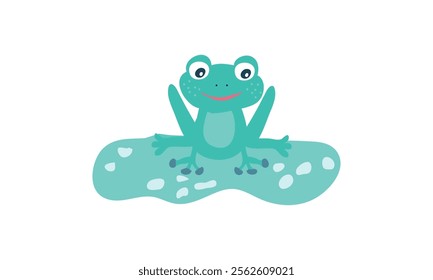 Smiling cartoon frog sitting on a puddle. Flat vector illustration isolated on white background. Animal character for children’s designs and education materials